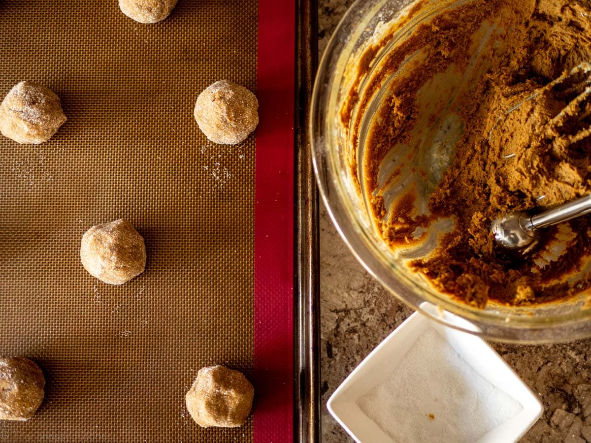 Cookie dough scooped out into balls and rolled in sugar.