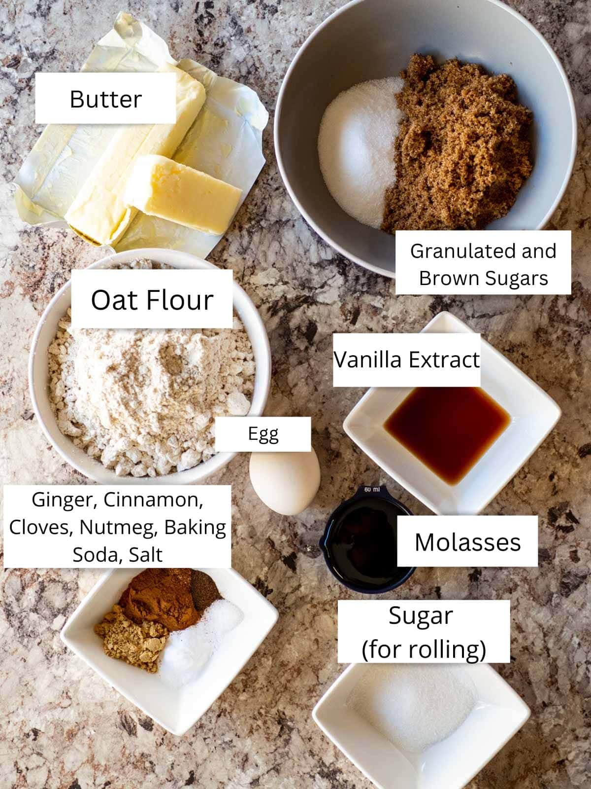 Ingredients for gingersnaps made with oat flour.