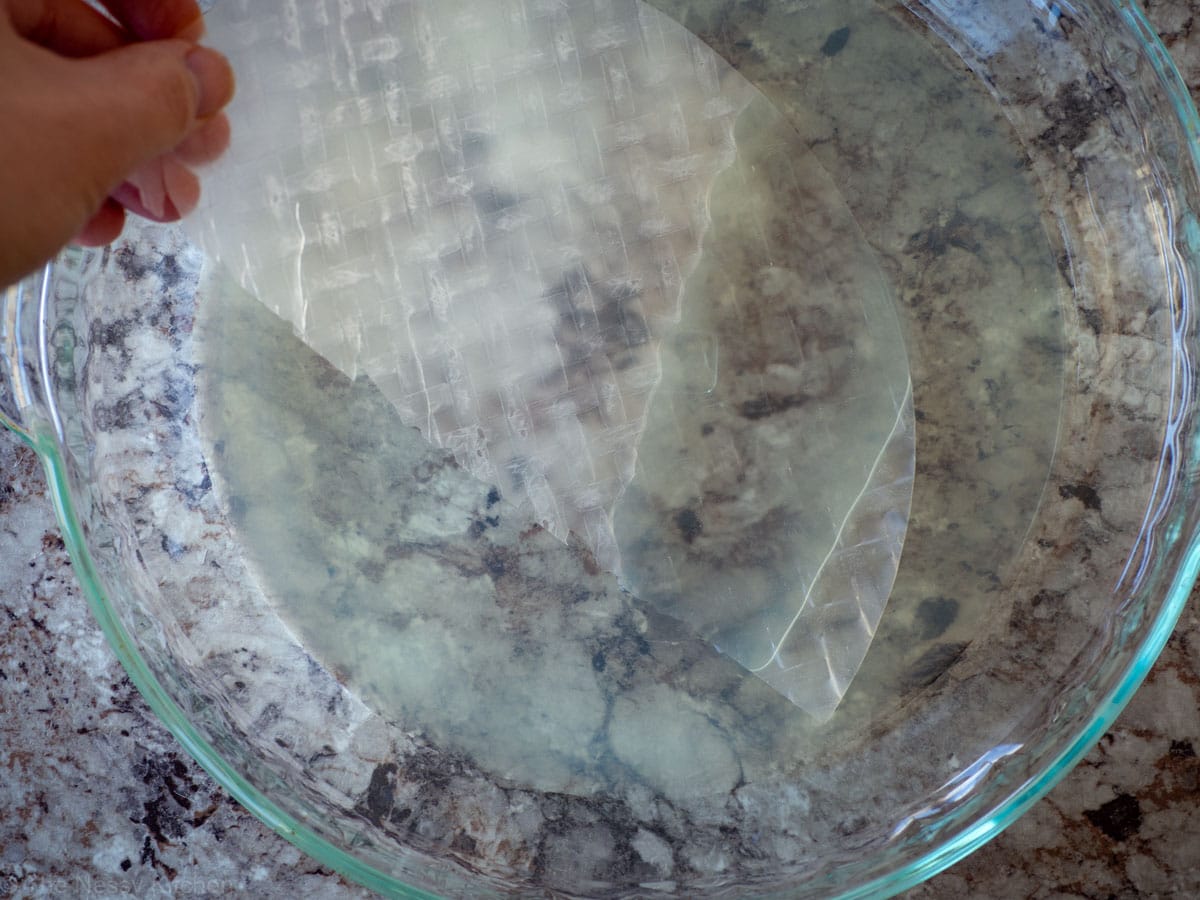 Rice paper soaking in a pie plate filled with water and lemon juice.