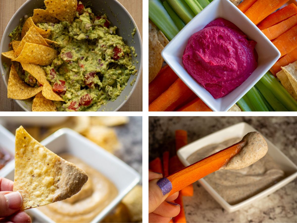 Images of guacamole, hummus, queso and ranch dip.