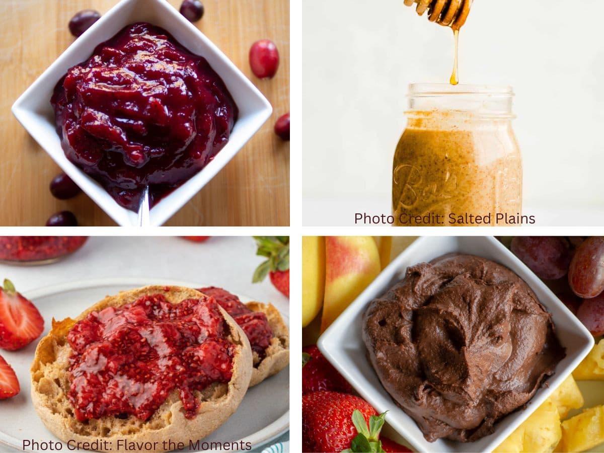 Images of cranberry sauce, nut butter, chia jam and chocolate hummus.