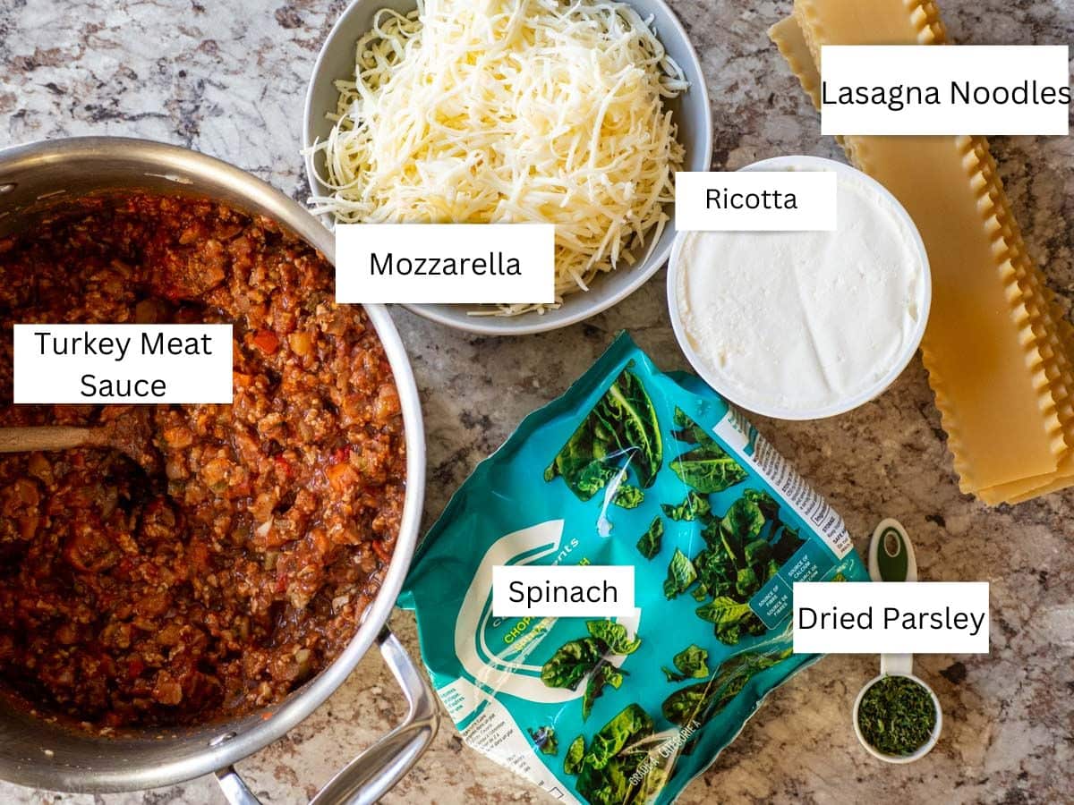 Ingredients for Turkey Spinach Lasagna with brown rice noodles.