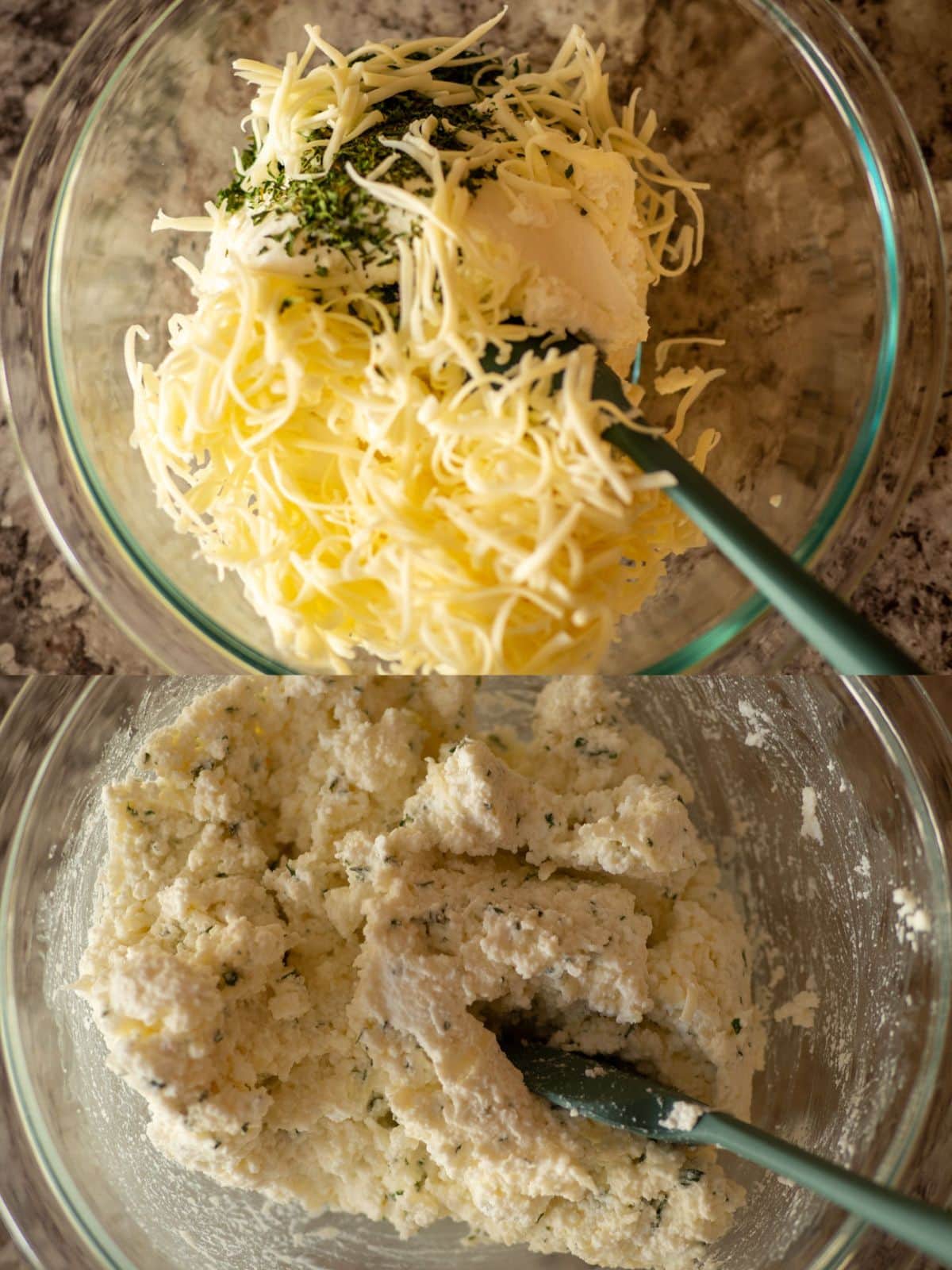 Shredded mozzarella, ricotta and parsley being mixed in a glass bowl.