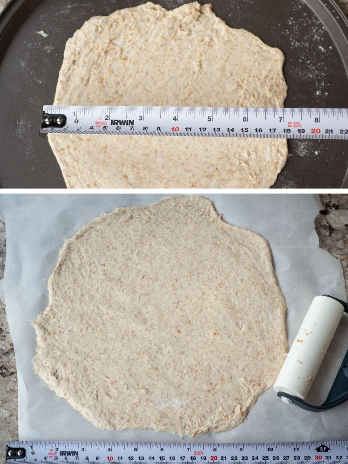 Dough rolled out in two different size options with a measuring tape showing 7 inches and 11 inches respectively.