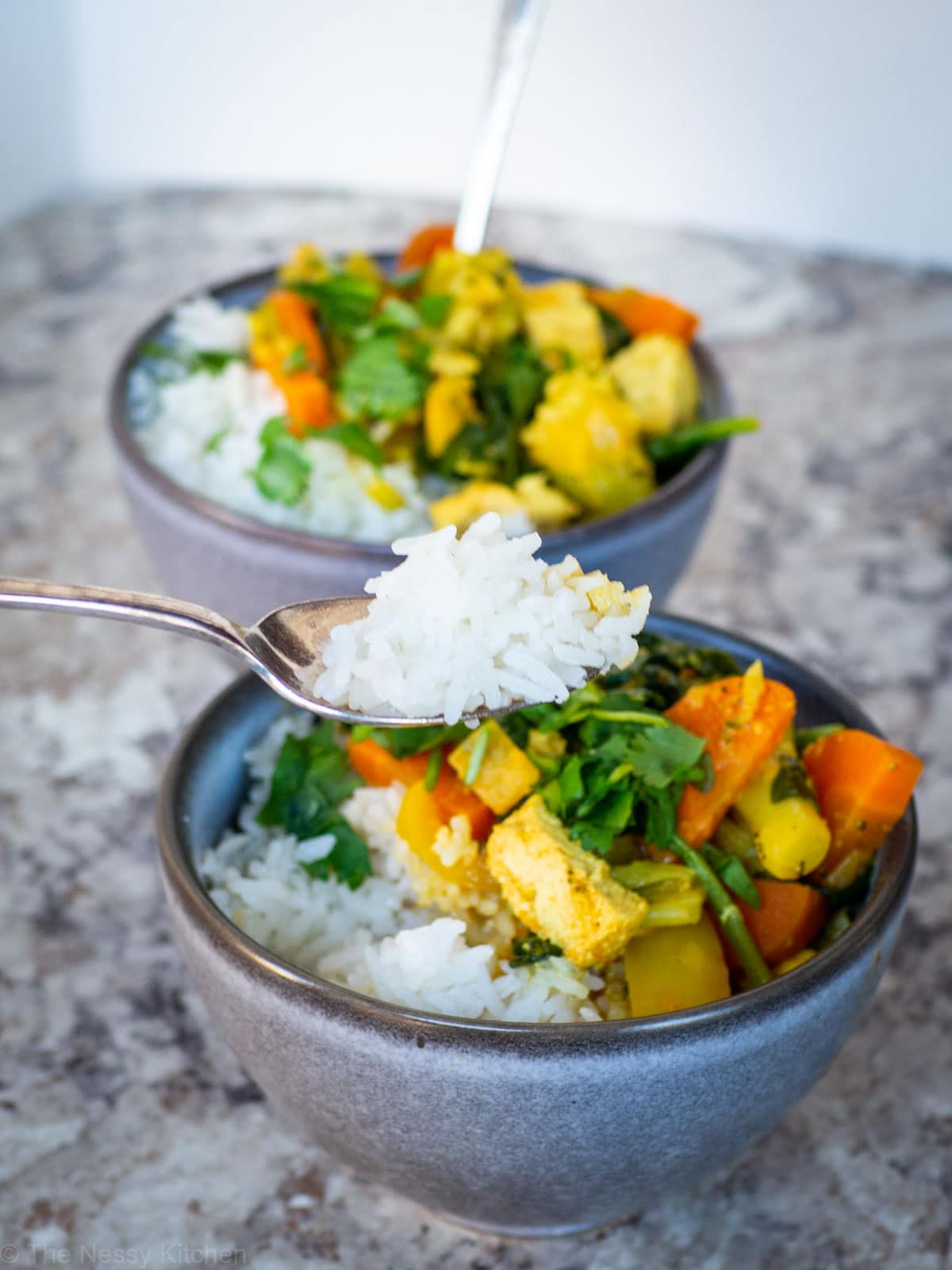 Coconut rice on a spoon that has been scooped out of a grey bowl of Thai curry and rice.