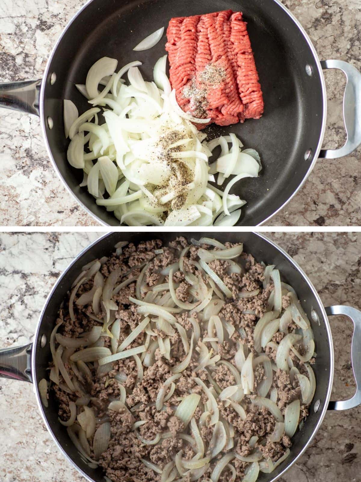 Beef and sliced onions cooked together in a skillet.