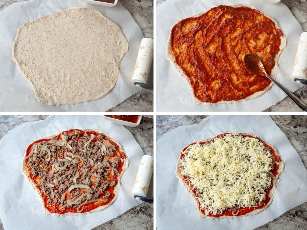 Beef and onion toppings assembled on homemade pizza dough.