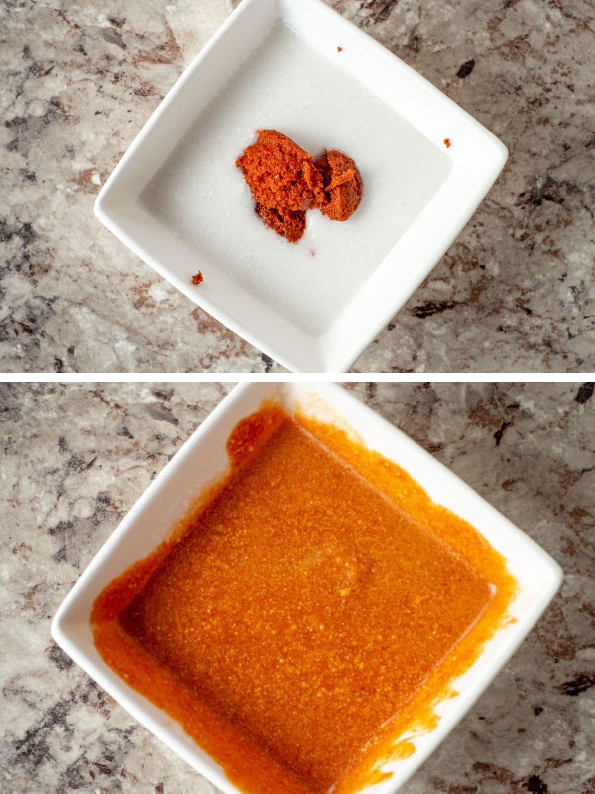 Sauce ingredients in a white bowl before and after mixing.