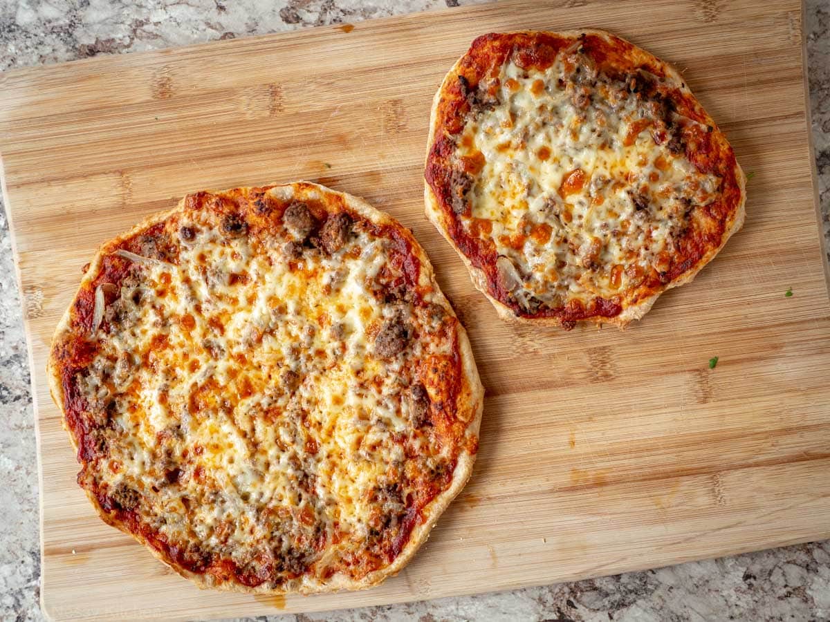 Large pizza and individual pizza size after baking.