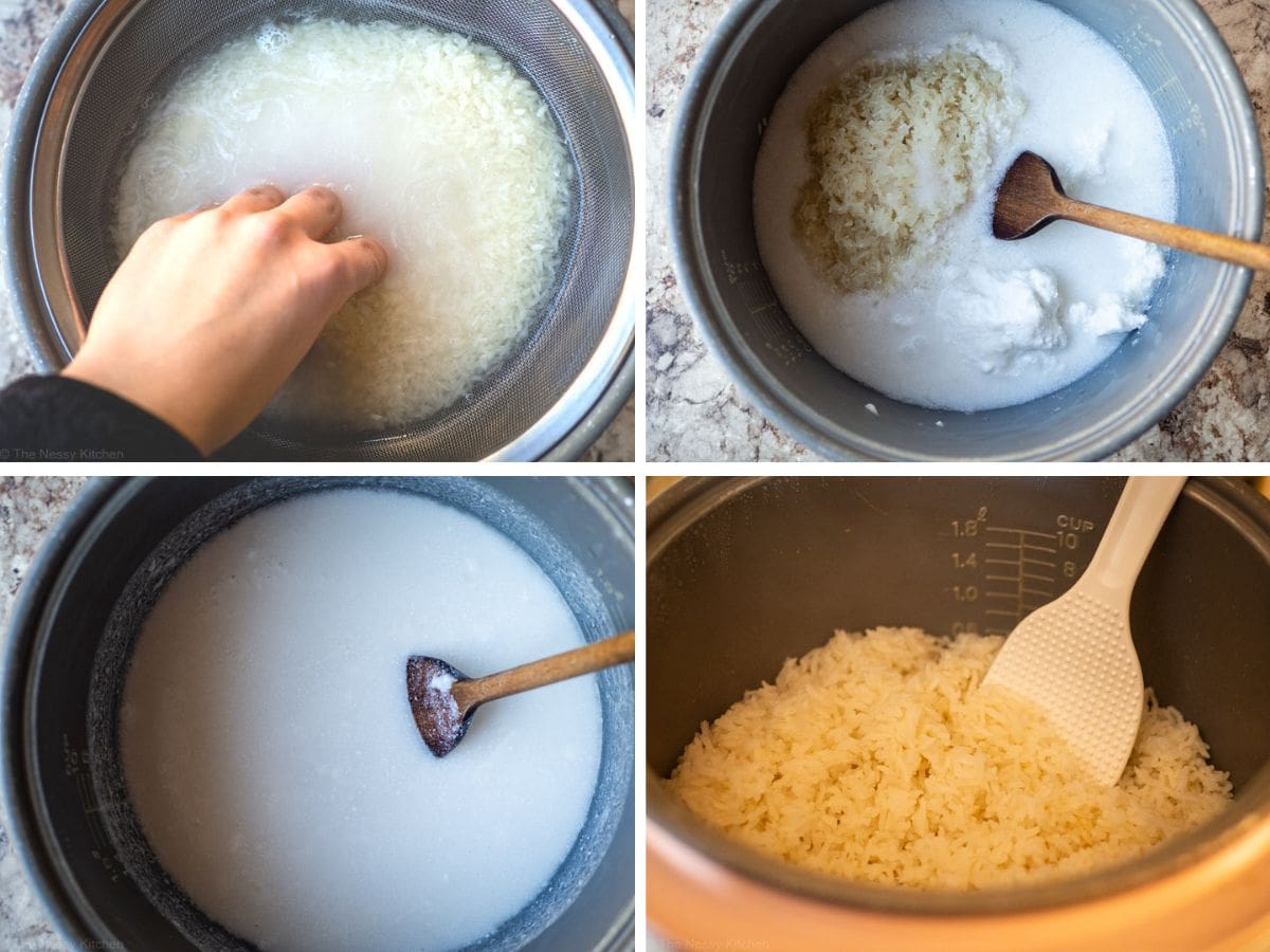 Ingredients added to the base of a rice cooker and stirred together.