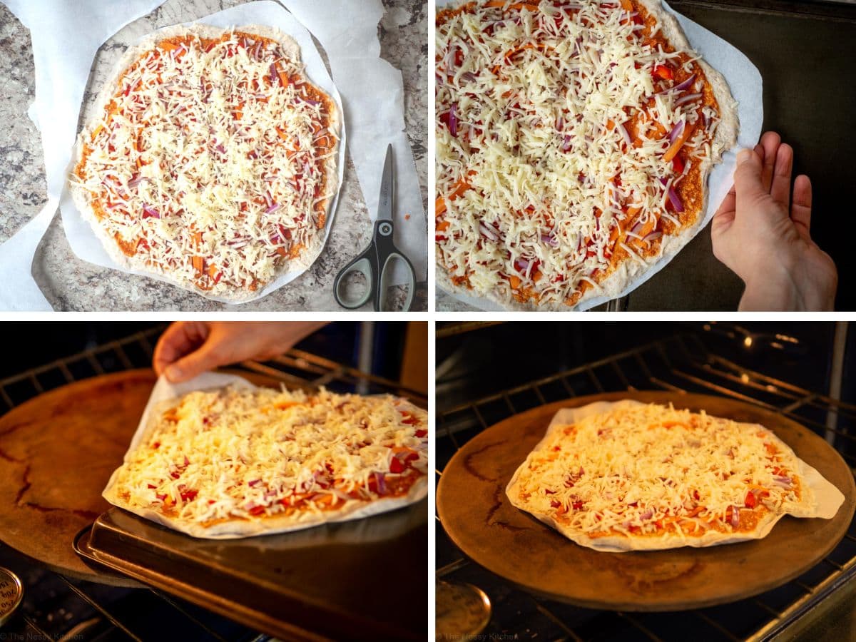 Assembled pizza being transferred to pizza stone.