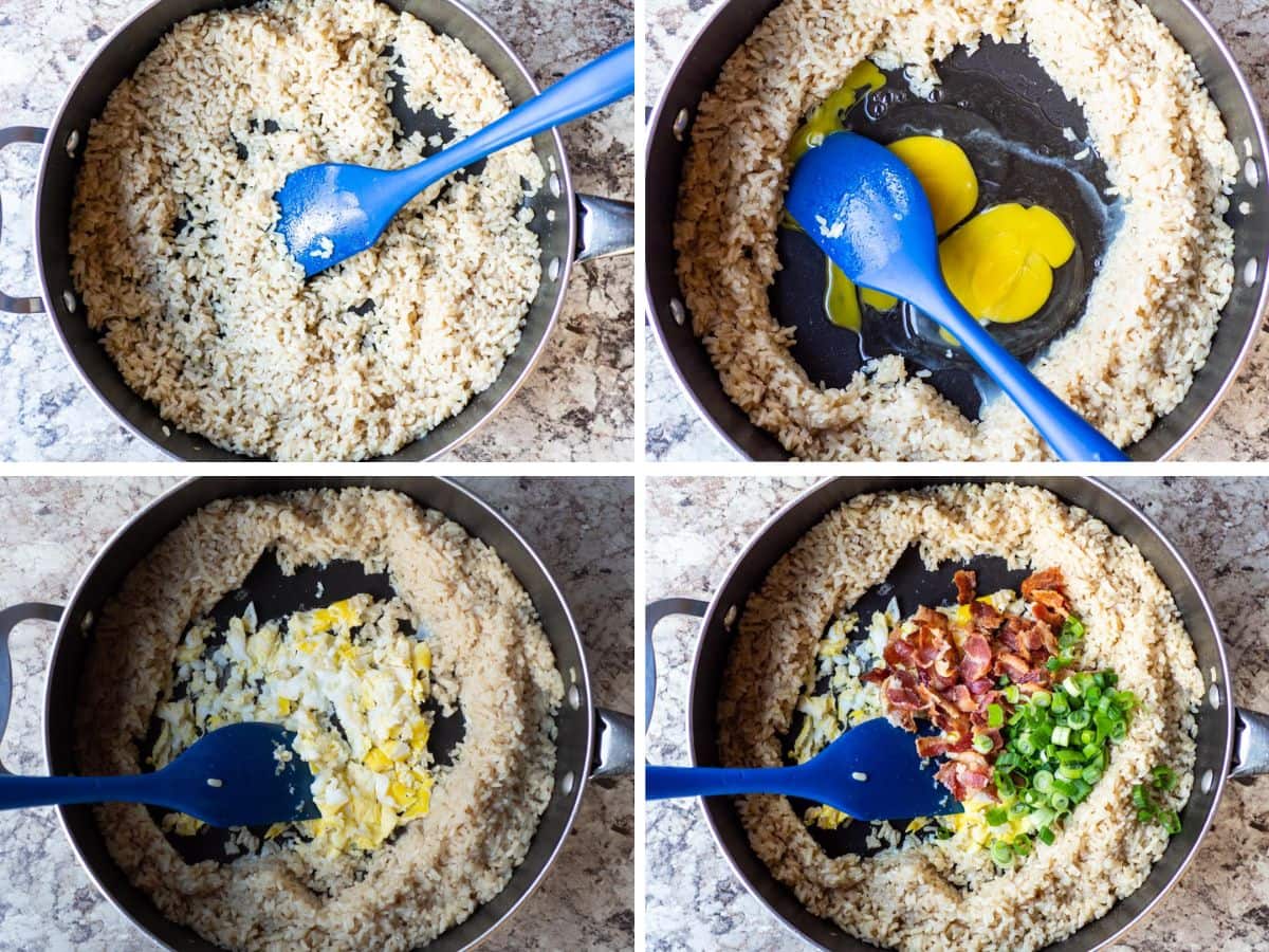 Collage of 4 images of a skillet showing different steps of the cooking process including frying the rice and scrambling the eggs.