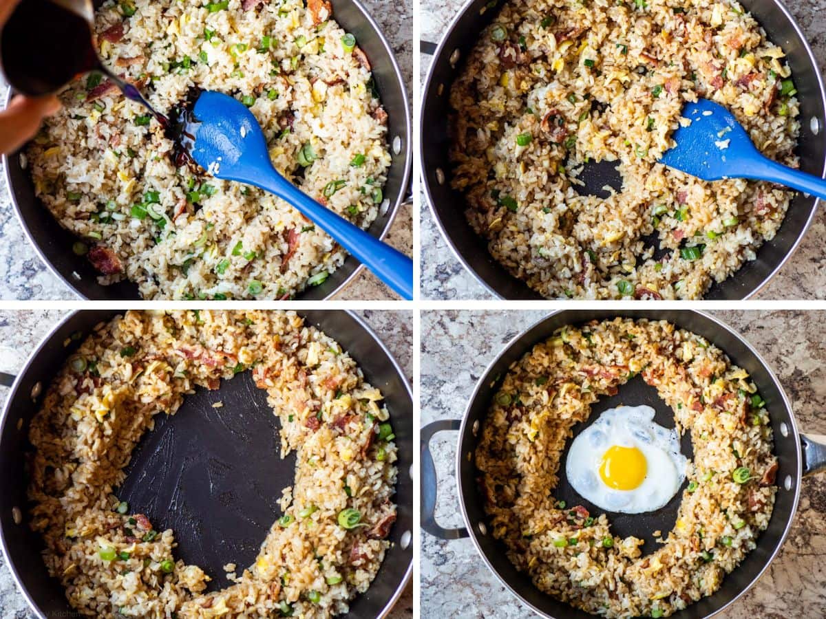 Collage of 4 images of a skillet showing different steps of the cooking process including adding the sauce and cooking an egg for serving.