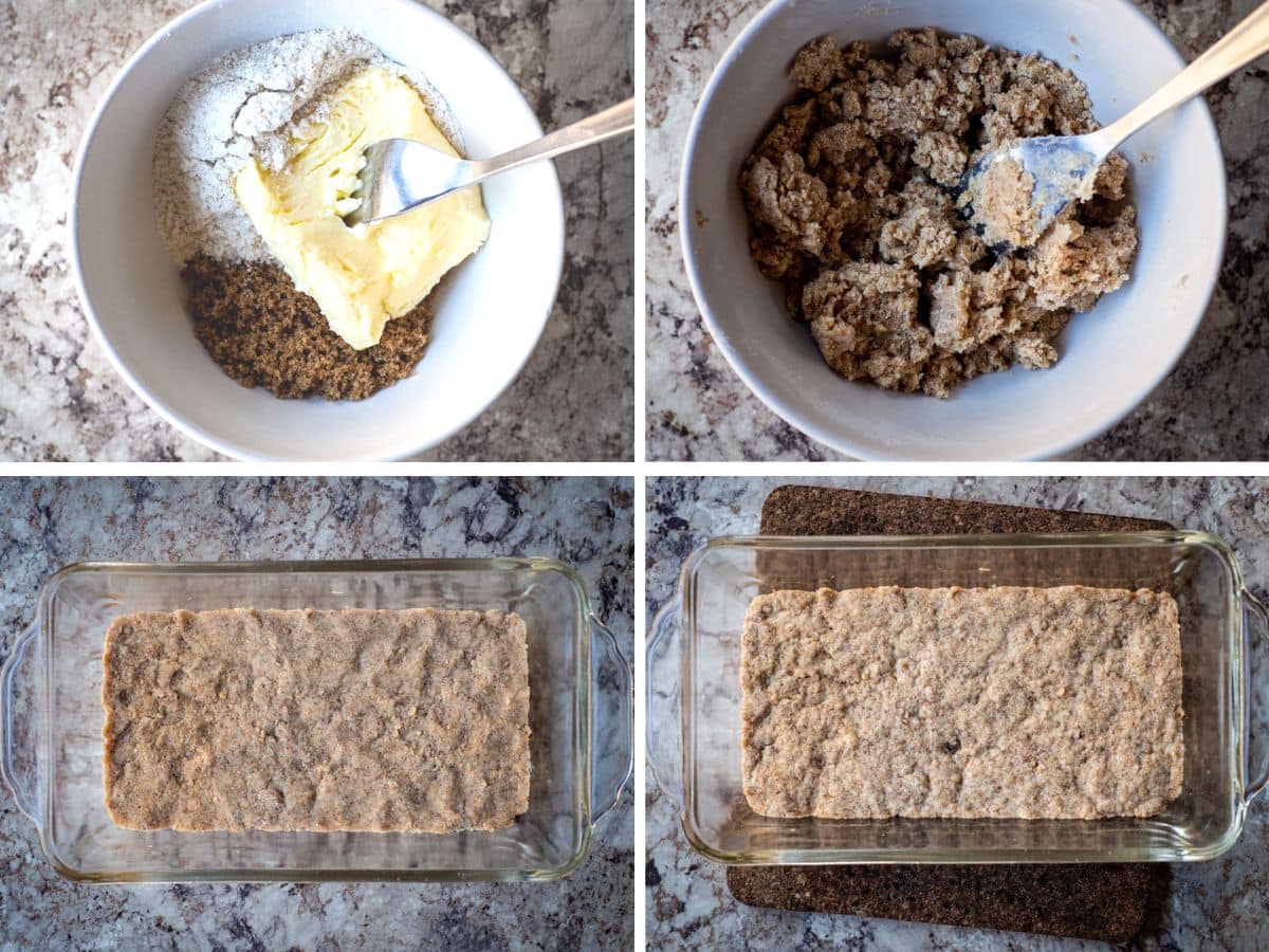 Butter, sugar and flour combined in a bowl and then pressed into a baking pan to make a shortbread crust.