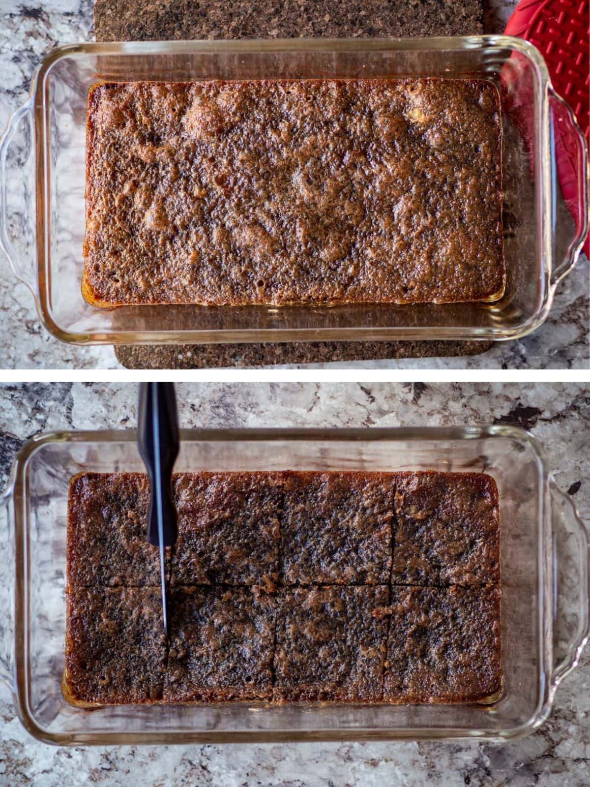 Butter tart bars in a pan after baking with a knife slicing into squares.