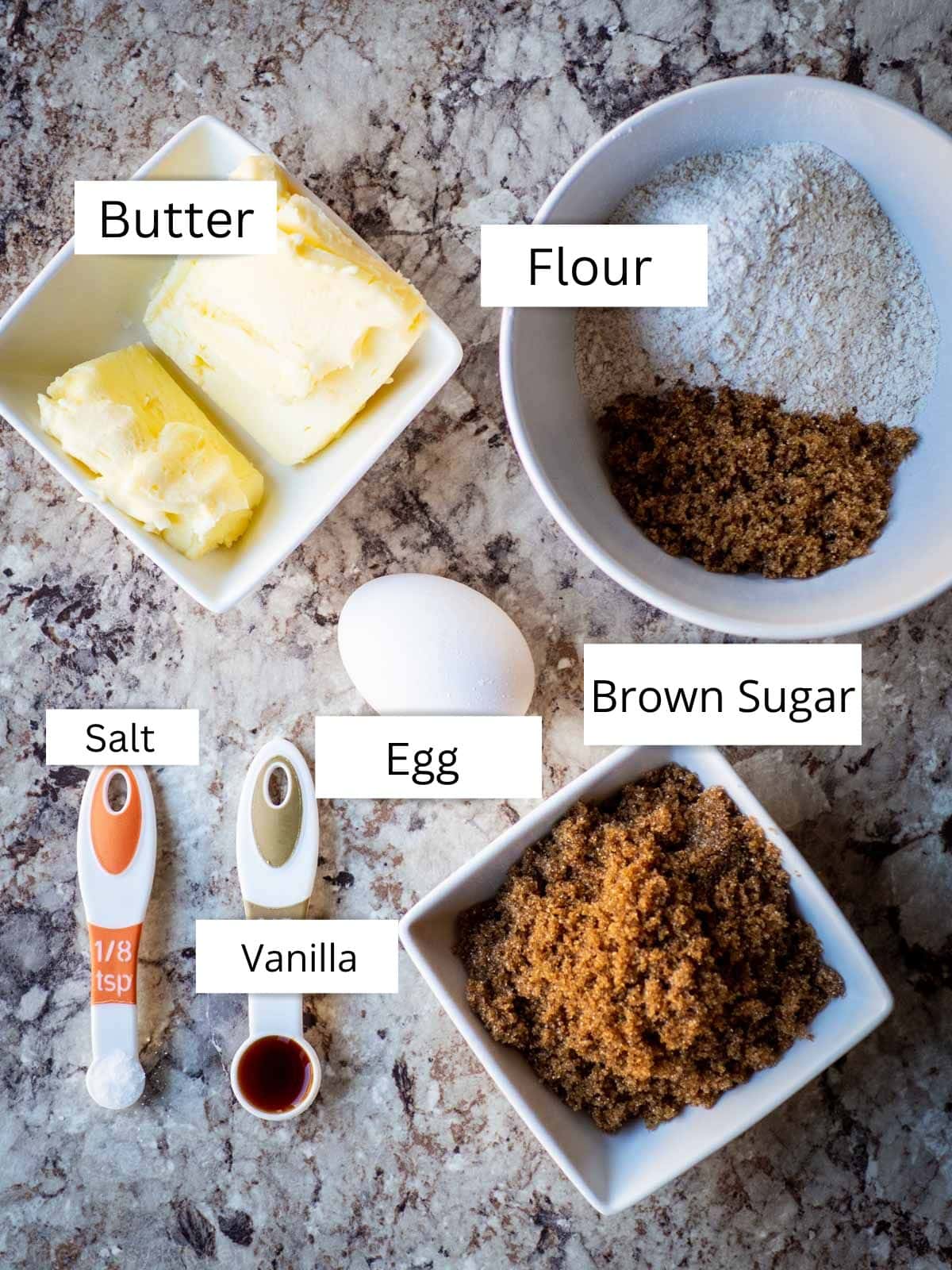 Butter tart bars ingredients.