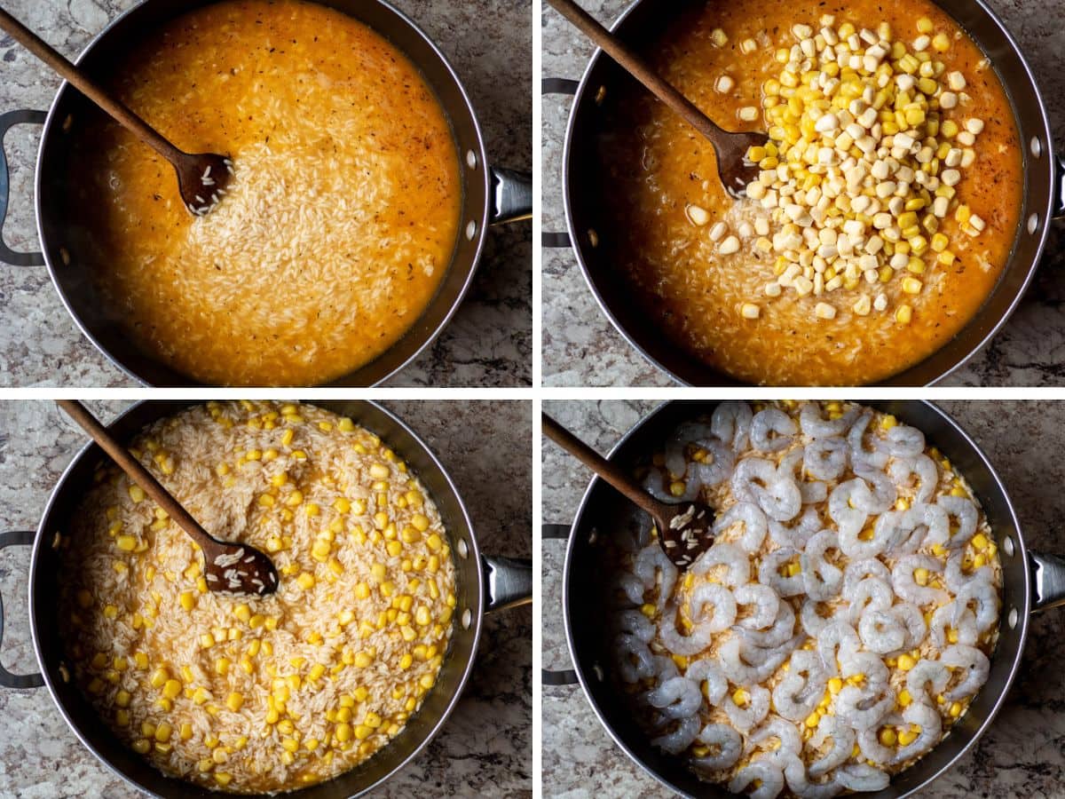 Collage showing steps of adding corn and shrimp.