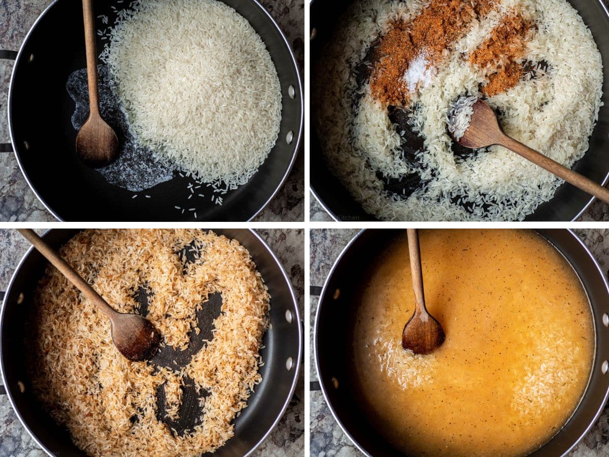 Collage showing steps of adding ingredients to a skillet.