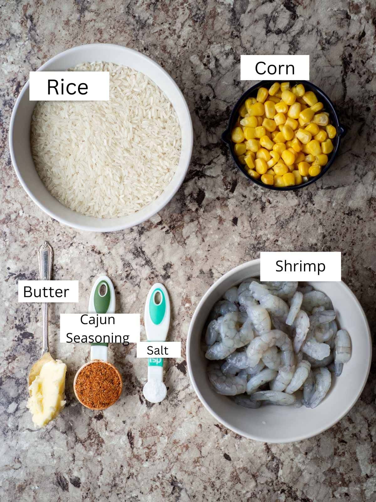 Ingredients for Cajun shrimp and rice.