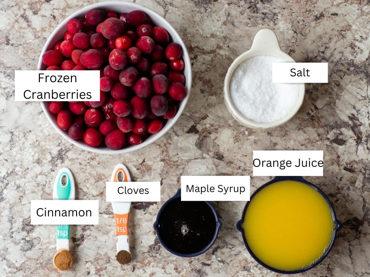 Ingredients for cranberry sauce using frozen cranberries.