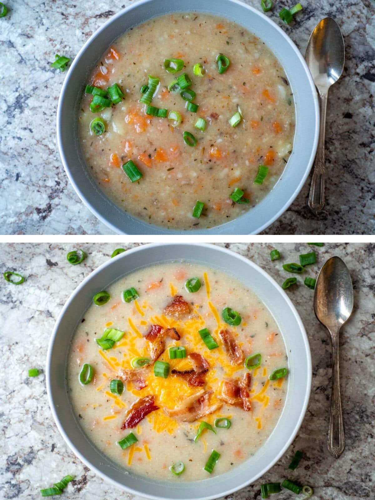 Comparison of a bowl of potato soup with milk added and without.