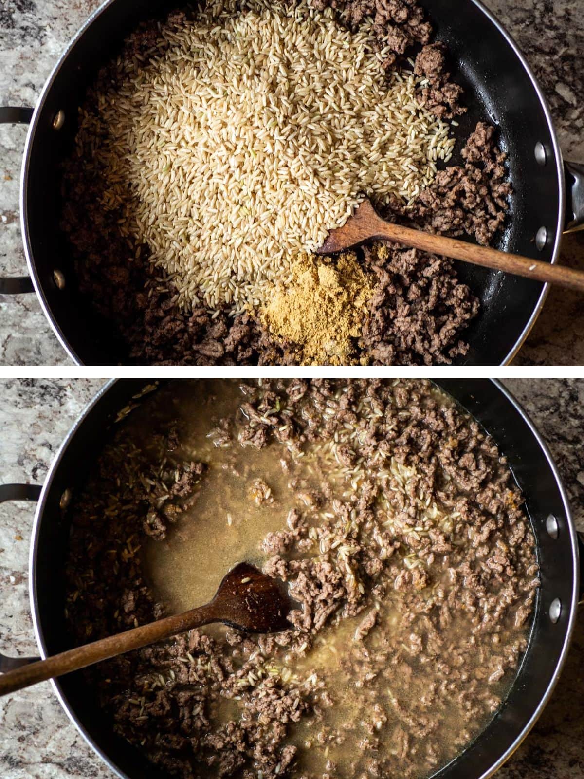 Rice and seasonings added to the skillet with the ground beef.