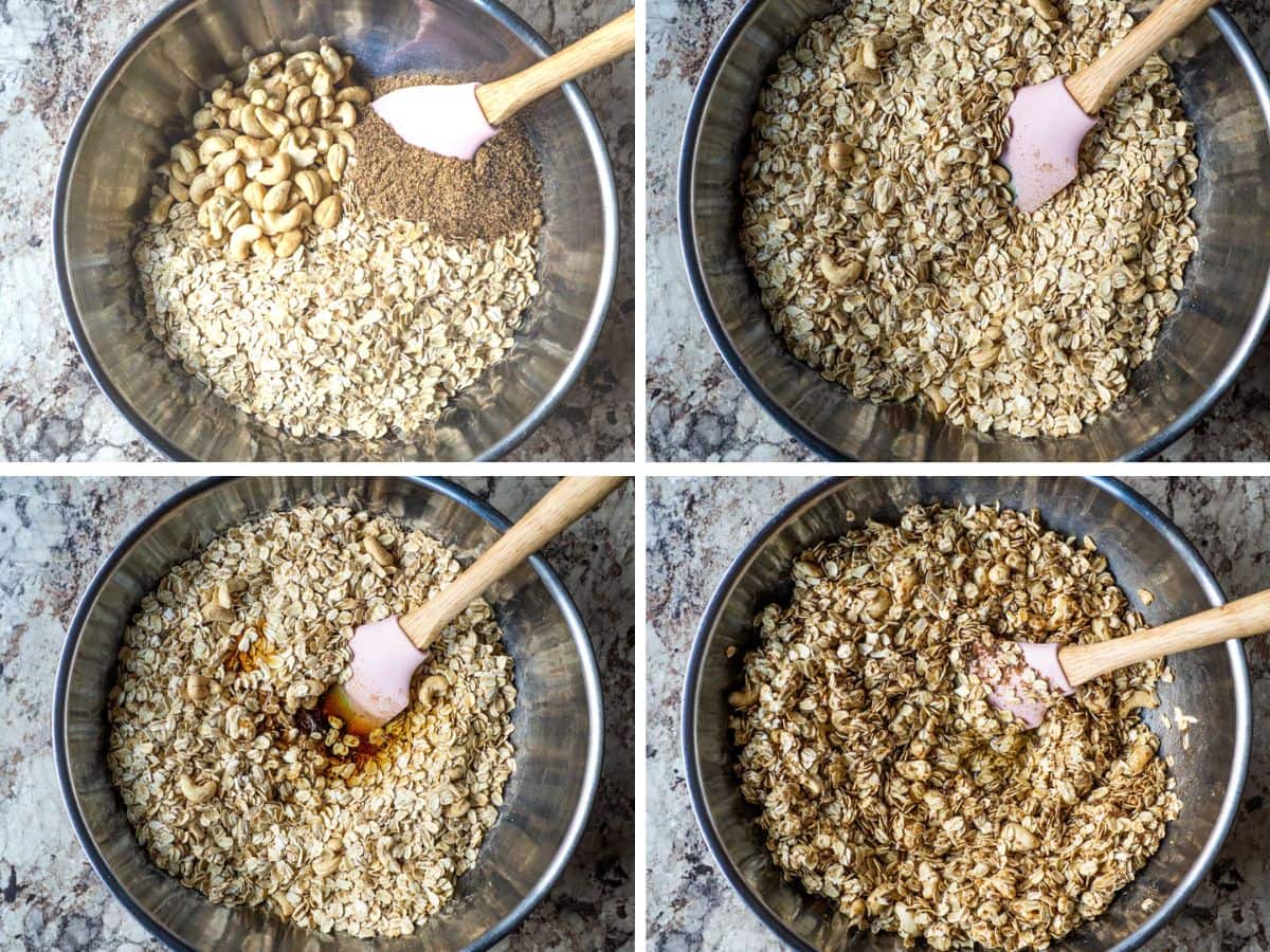 Oats, nuts, flax, oil, maple syrup and egg whites mixed together in a stainless steel mixing bowl.