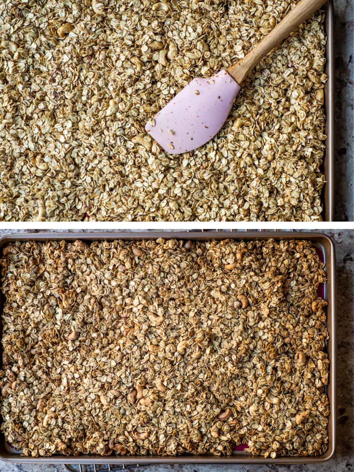 Maple granola spread out on a sheet pan before and after baking.