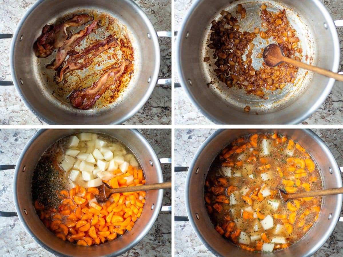 Collage of 4 images of a large stock pot showing different steps to make soup including cooking bacon and caramelizing onions.