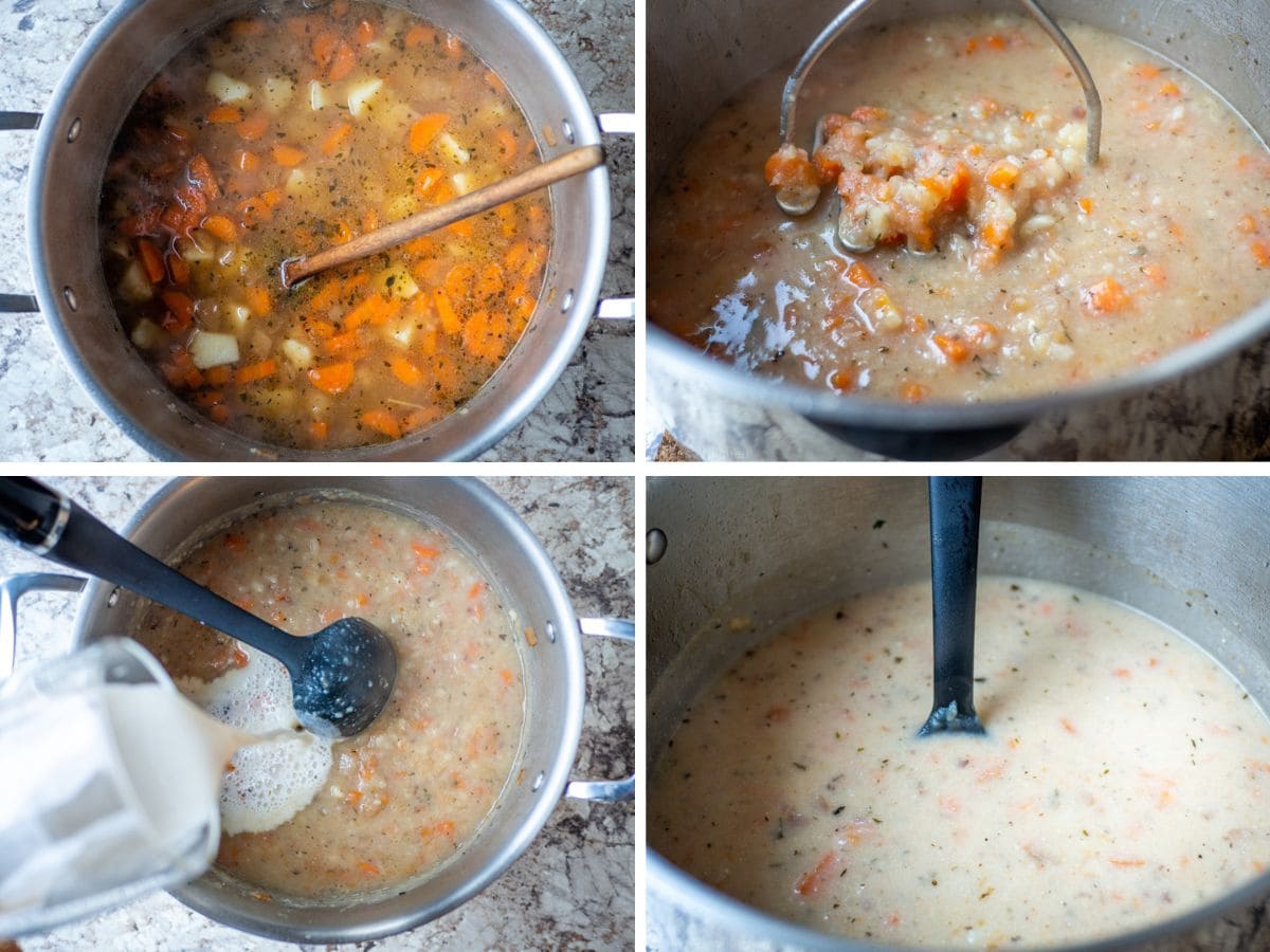 Collage of 4 images of a large stock pot showing different steps to make potato soup including mashing and adding milk.