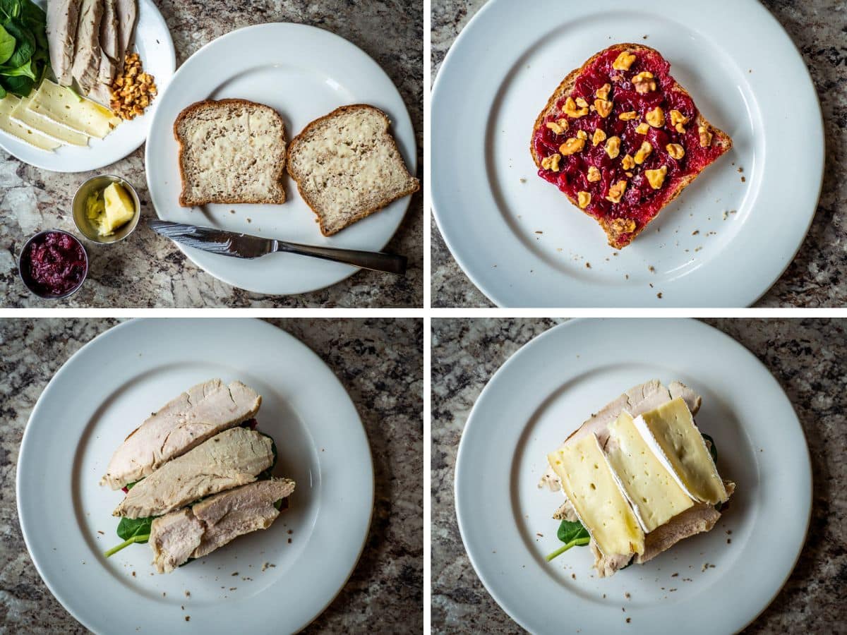 Images showing the assembly of turkey cranberry sandwiches. First, buttered bread. Second, cranberry sauce spread on bed. Third, spinach and turkey placed on top of cranberry sauce. Fourth, brie placed on top of the turkey.