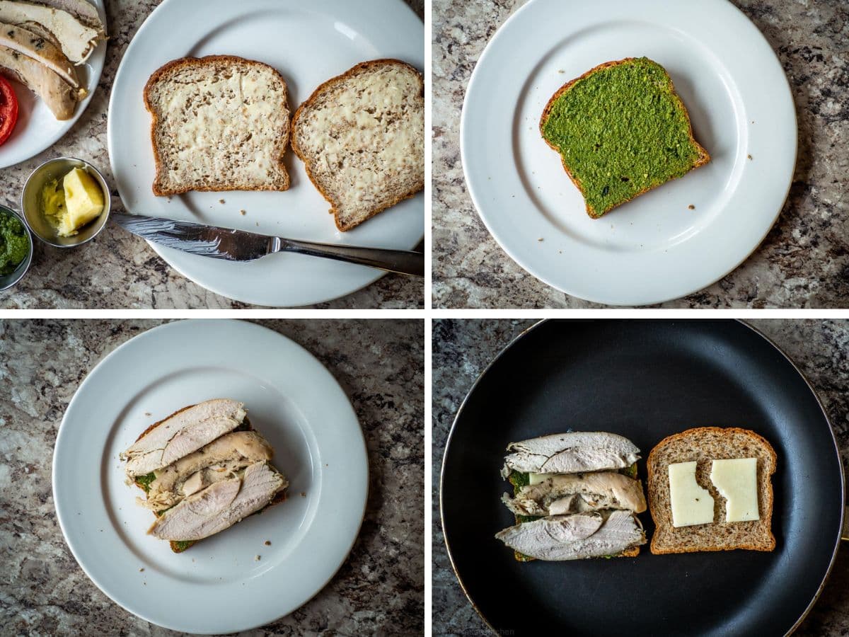 Collage of steps to assemble sandwich. First image shows butter bread, second image shows pesto spread on sandwich. Third image shows cheese and turkey added. Fourth image shows sandwich places in a skillet.