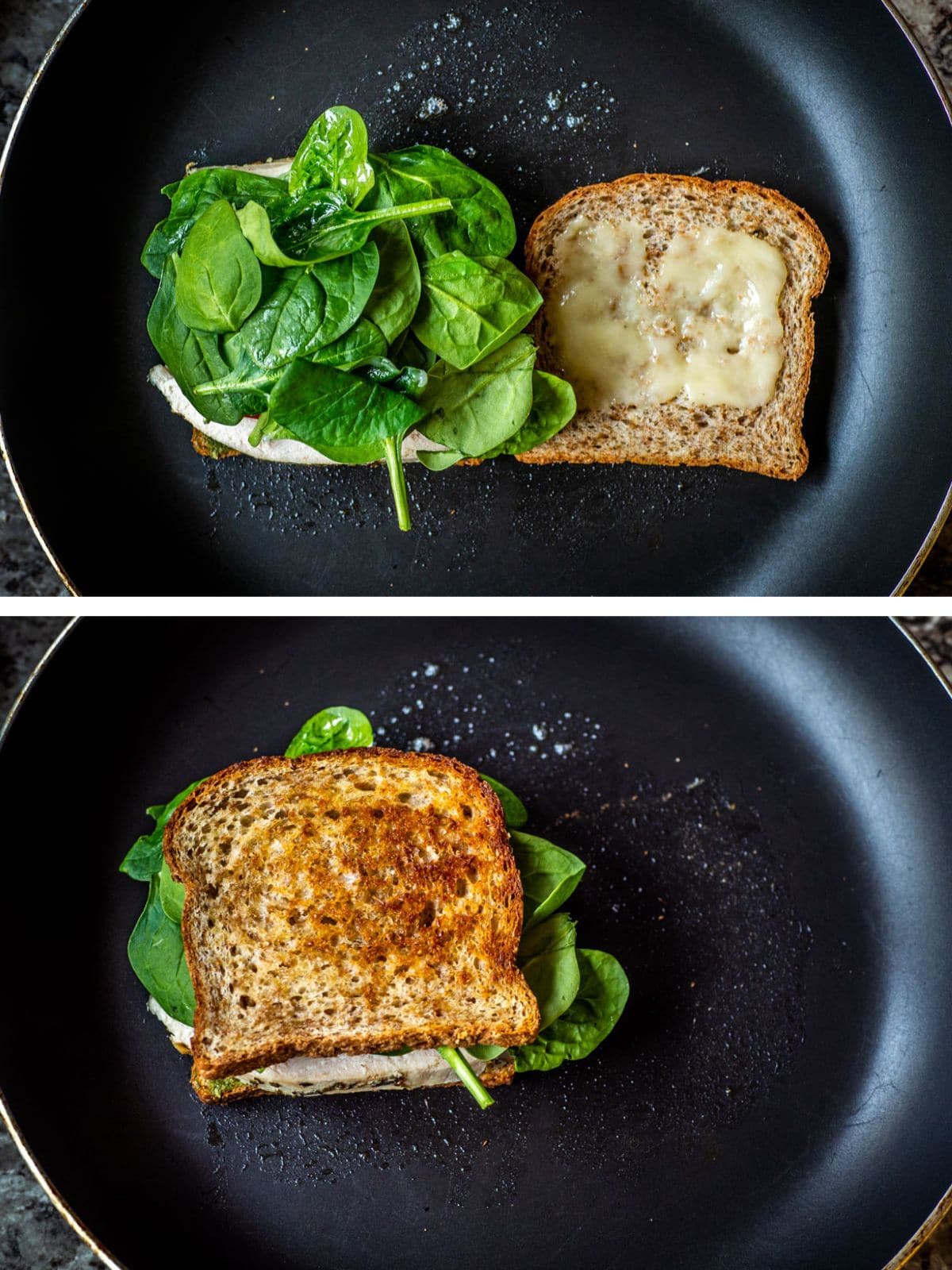 Spinach and tomato added to the sandwich after cooking in a skillet.