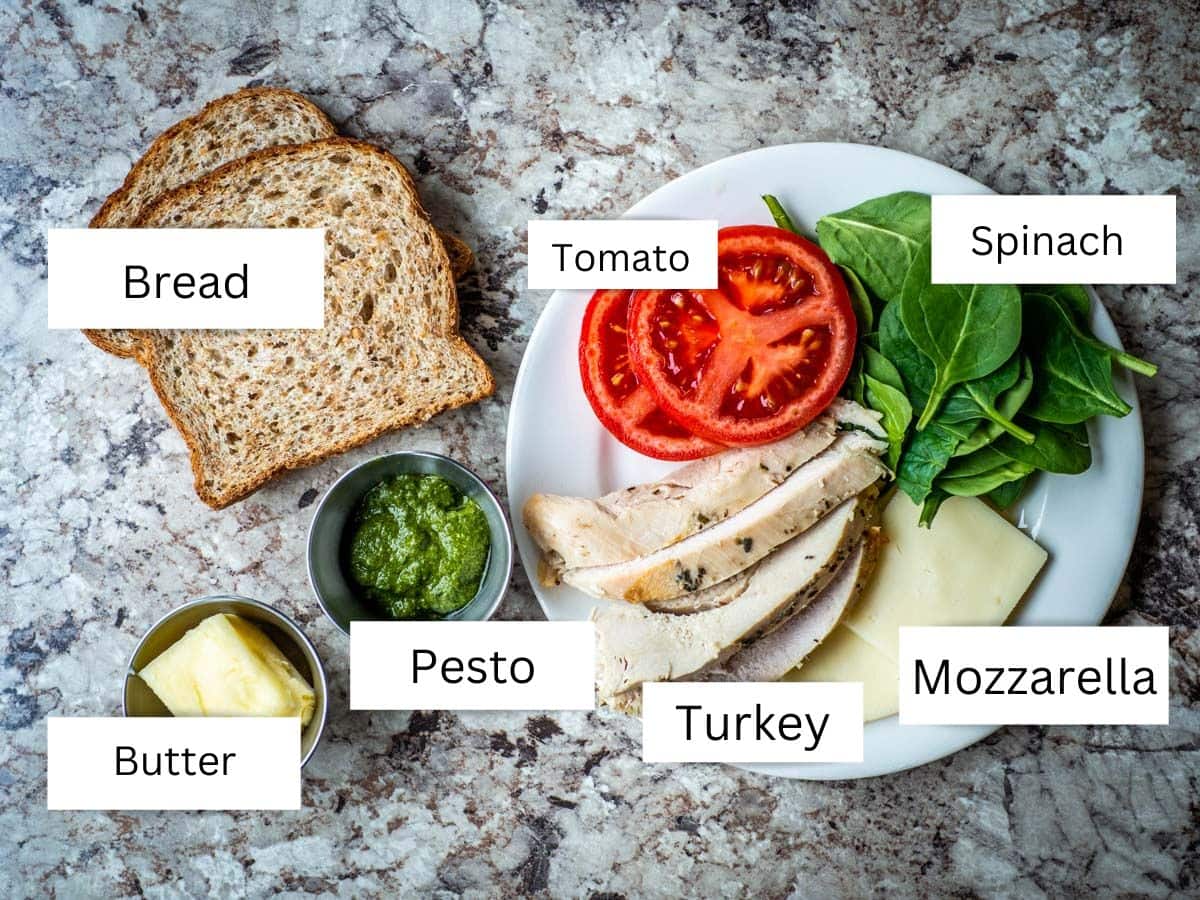 Ingredients for pesto turkey sandwiches.