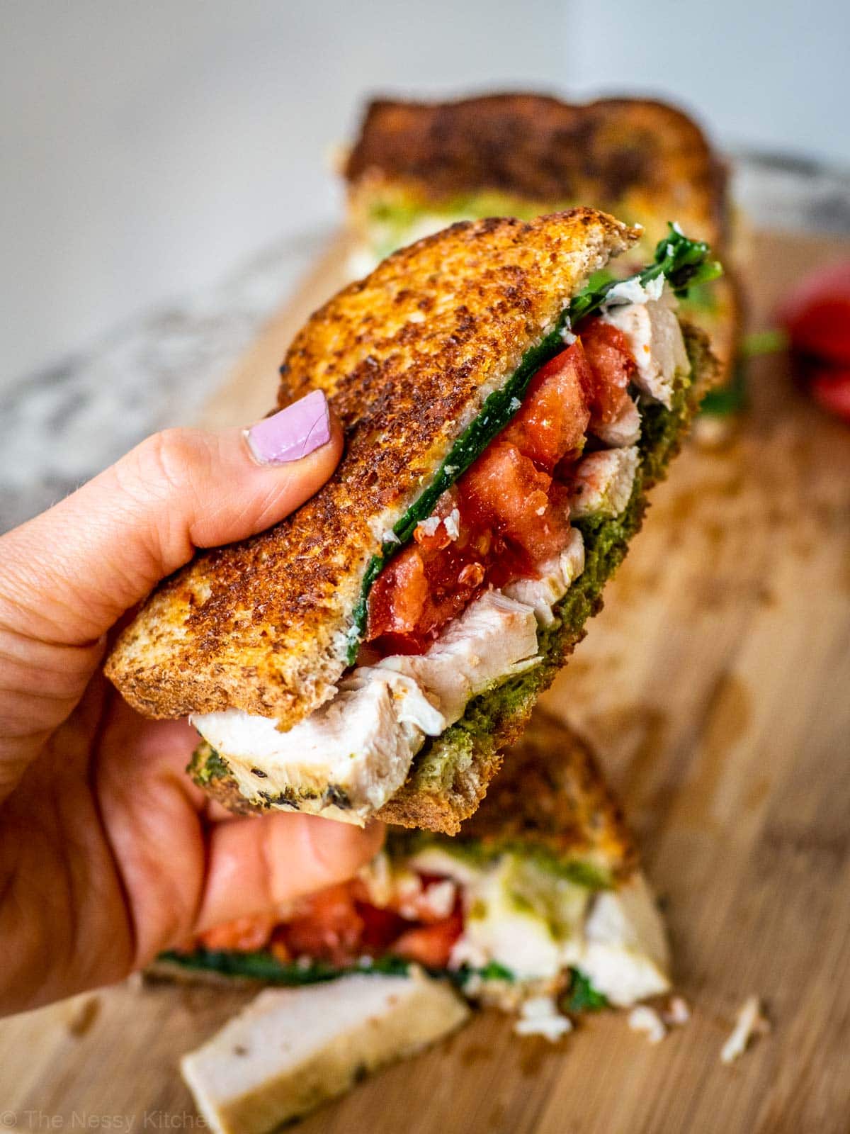 Hand holding a turkey sandwich with tomatoes, pesto and spinach.