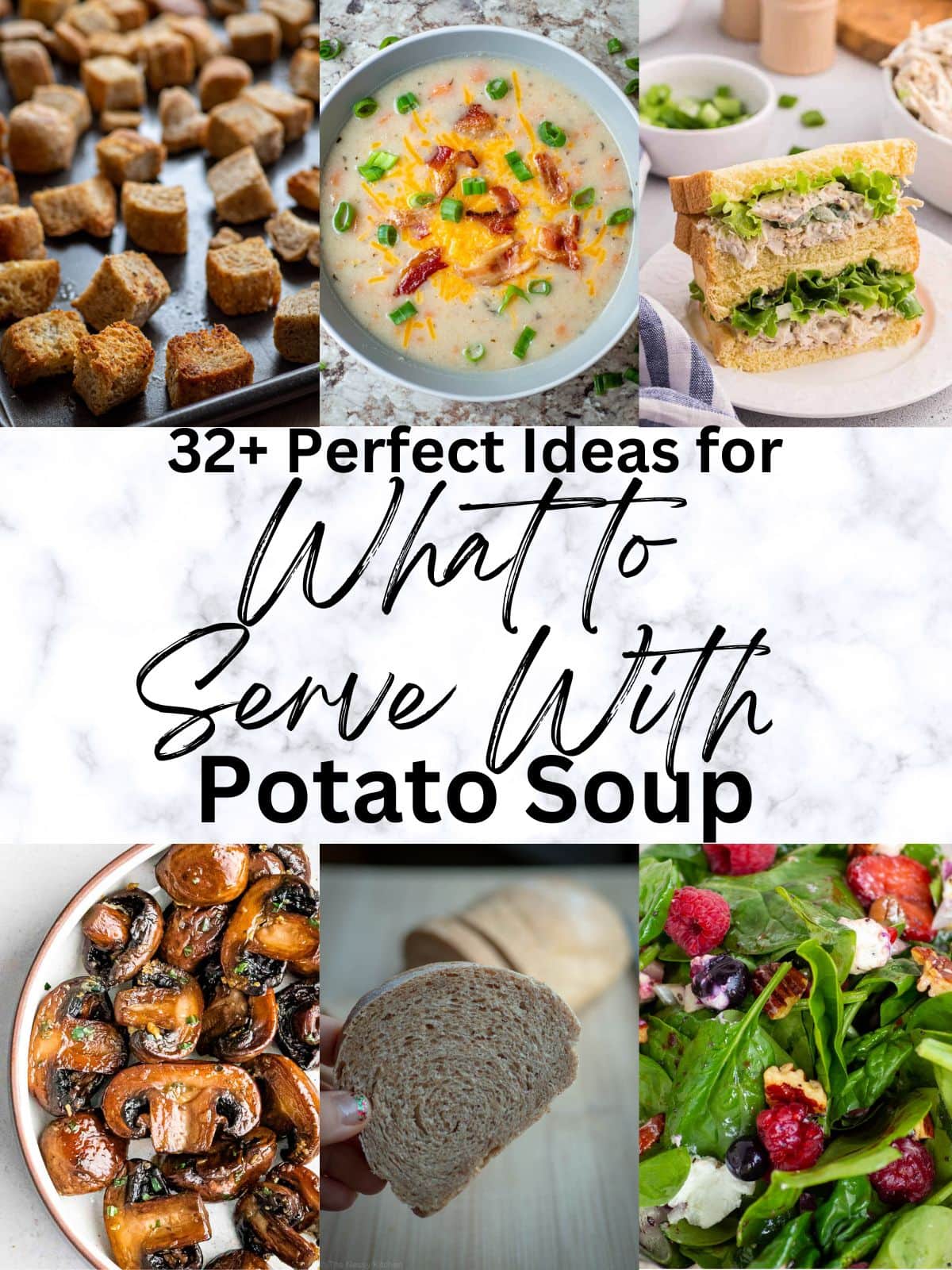 Collage of ideas to serve with potato soup including croutons, a sandwich and salad.
