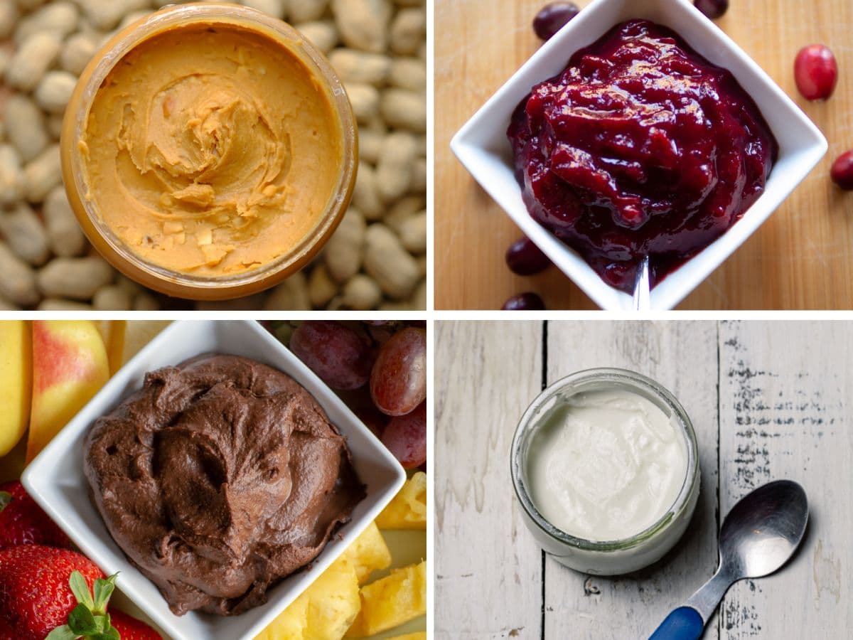 Collage of peanut butter, cranberry crisp, chocolate hummus and yogurt.