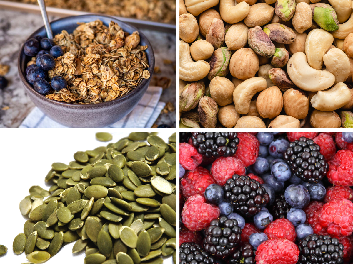 Collage of a bowl of granola, assorted nuts, pumpkin seeds and mixed berries to use as healthier pancake toppings.