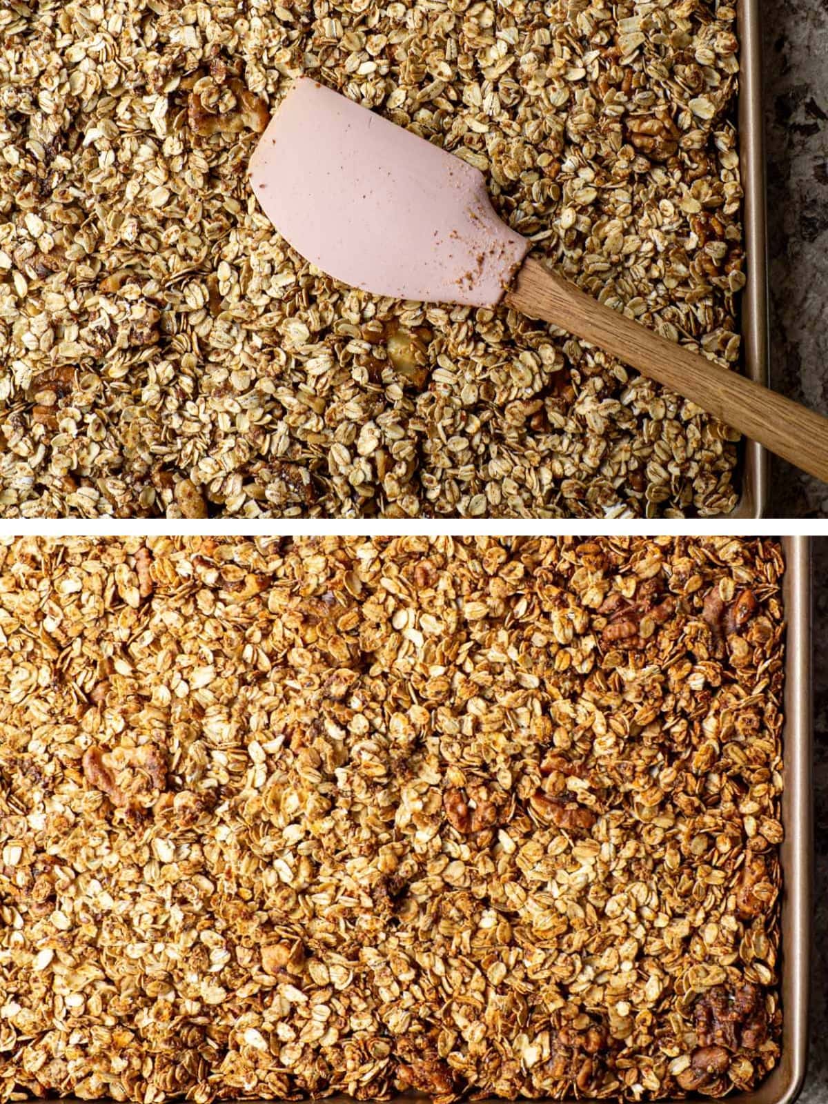 Honey granola mixture spread out on a sheet pan before and after baking.