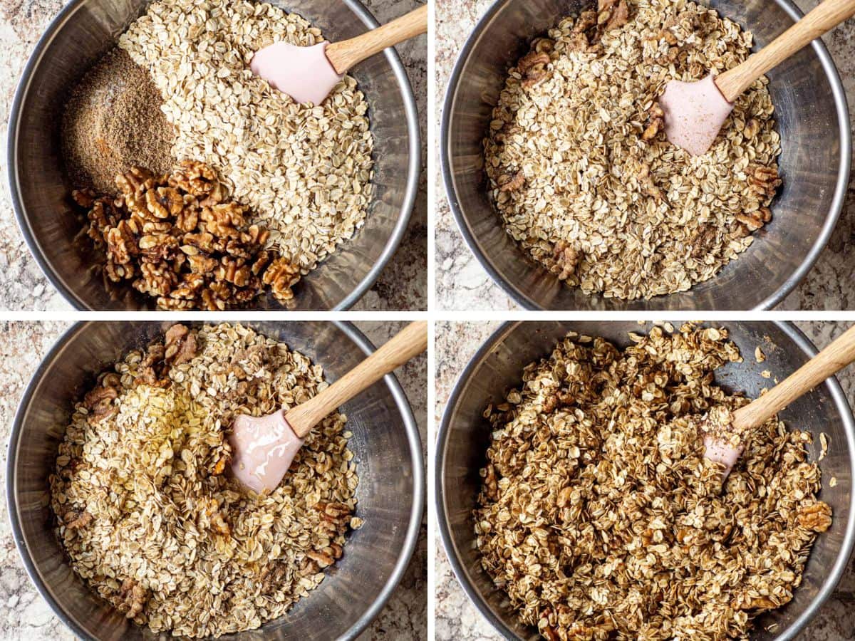 Ingredients being mixed together in a large metal bowl.