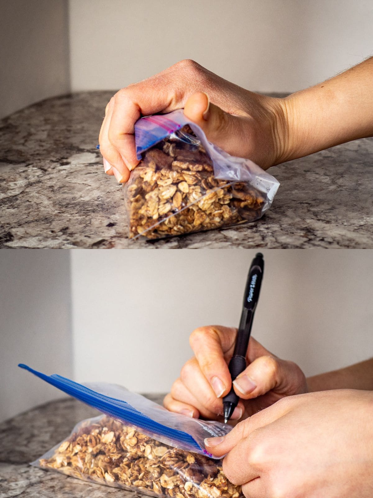 Hand squeezing air out of a bag and labelling in preparation to store granola.