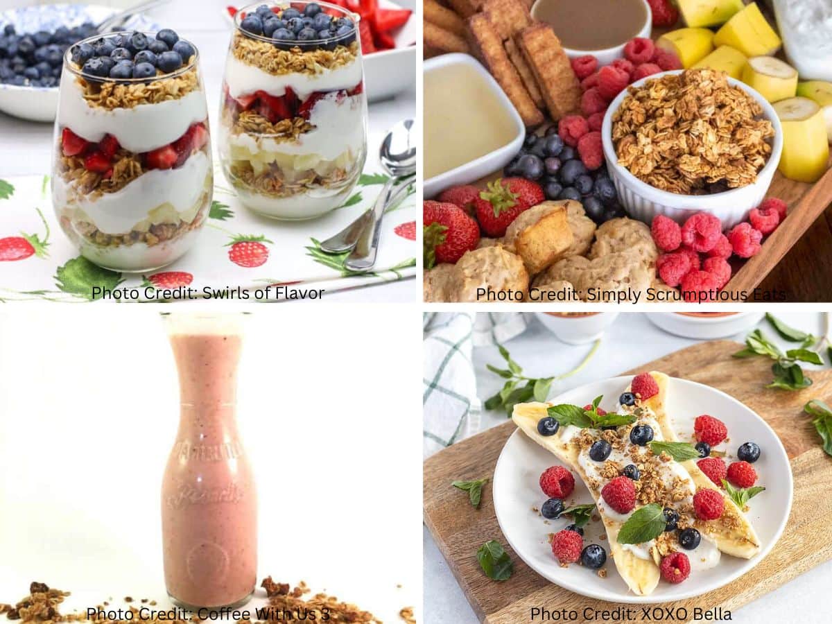 Collage of recipes to make with granola. Images of a granola parfait, breakfast charcuterie board, smoothie and a breakfast banana split.