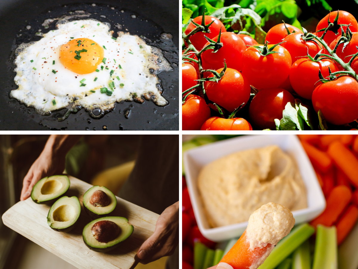 Collage of a fried egg, cherry tomatoes, avocado and hummus.