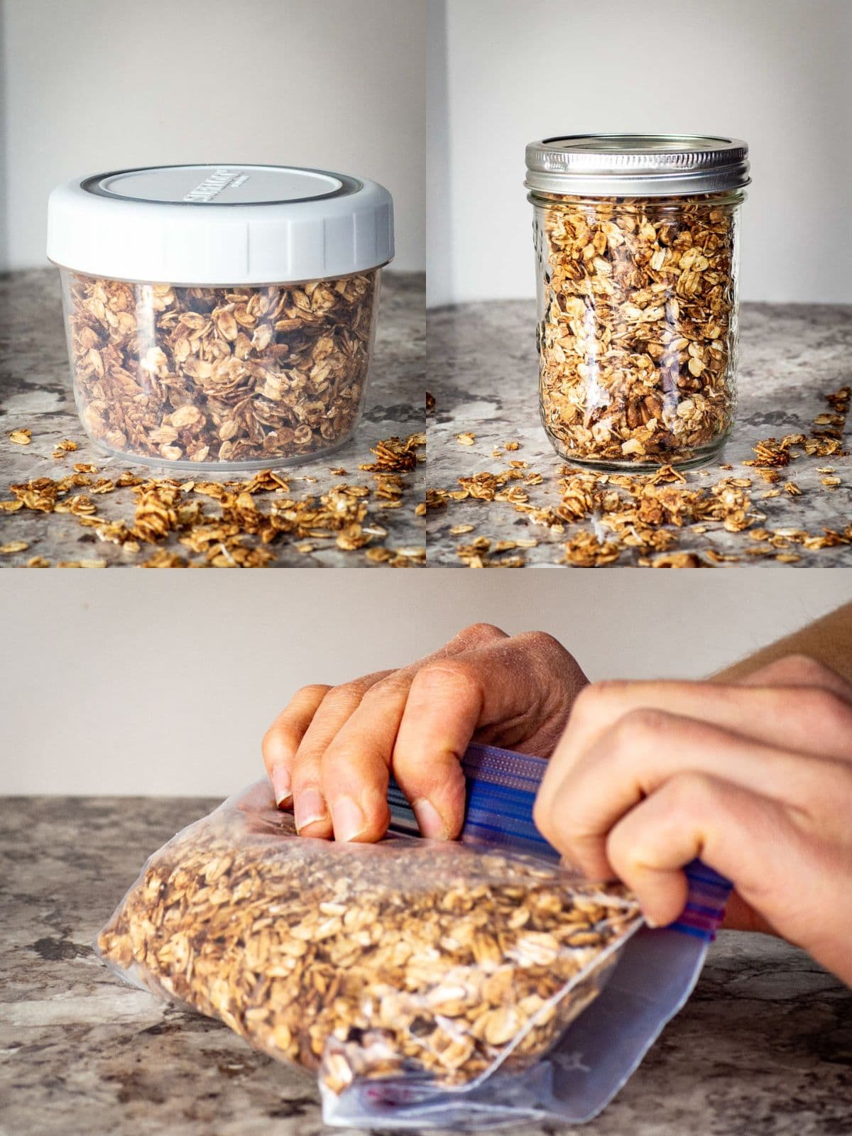 Image of a plastic container, a mason jar and a ziploc bag each filled with granola.