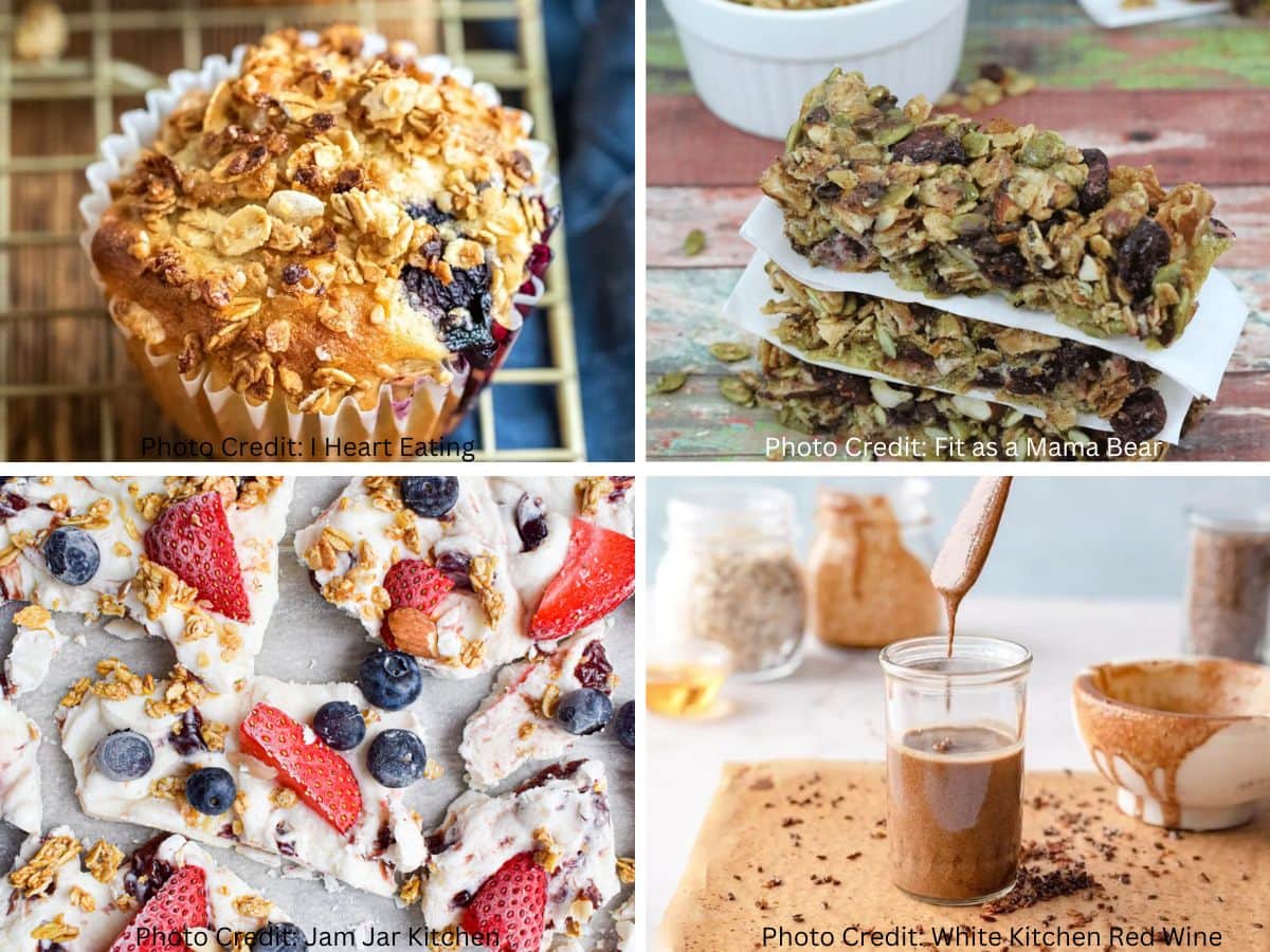 Collage of recipes to make with granola. Images of a muffins, granola bars, Greek yogurt bark and granola butter.