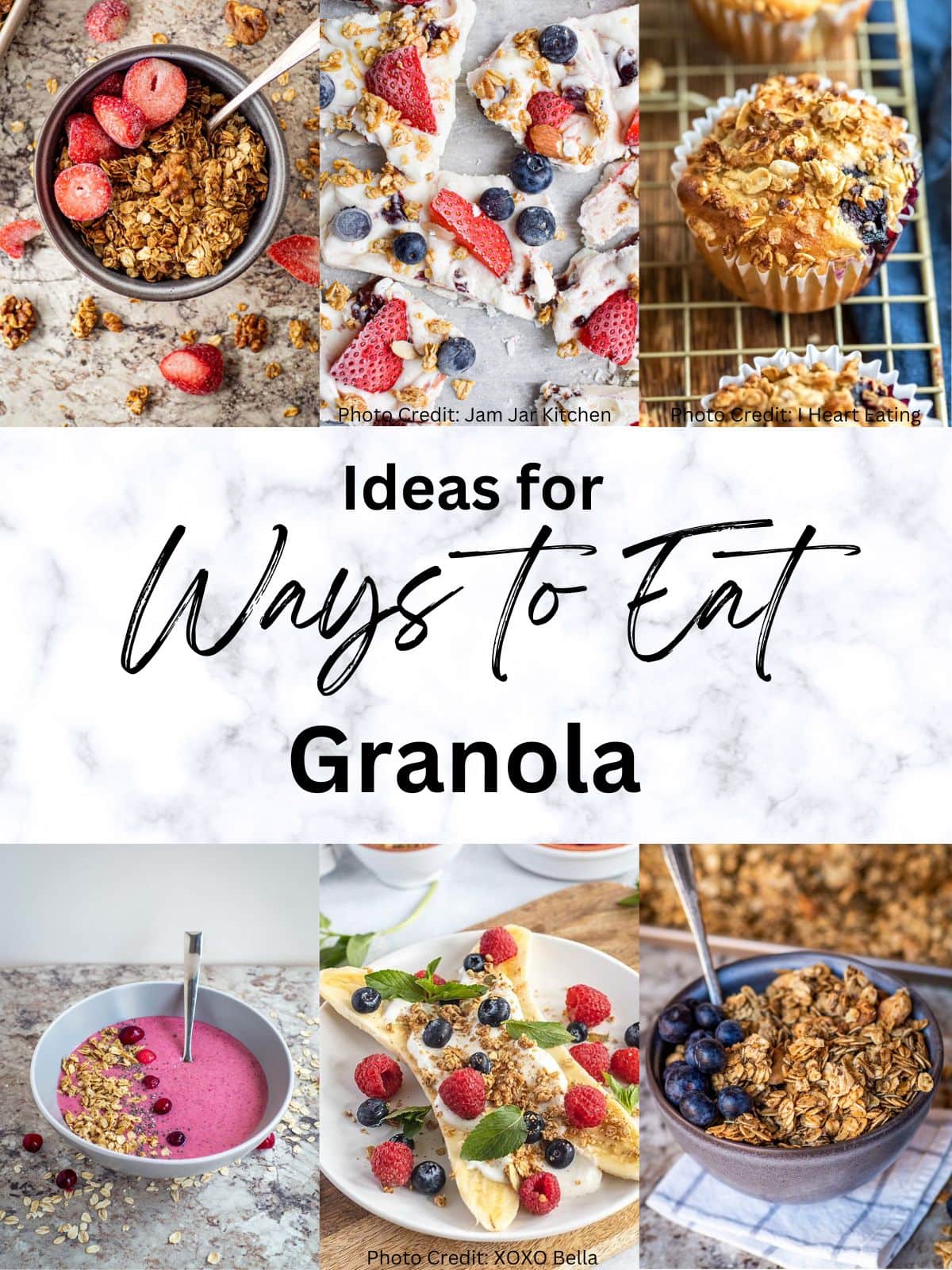 Collage of ideas of ways to use granola. Images of a bowl of granola with strawberries, Greek yogurt bark, muffins, pink smoothie bowl, breakfast banana split and a bowl of granola with blueberries.