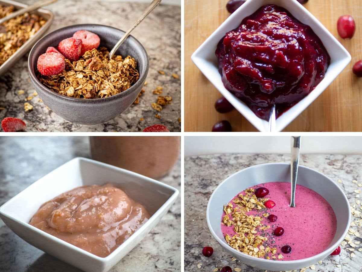 Collage of what to serve with granola. Photos of a bowl of granola with strawberries, cranberry sauce, applesauce and a pink smoothie bowl.