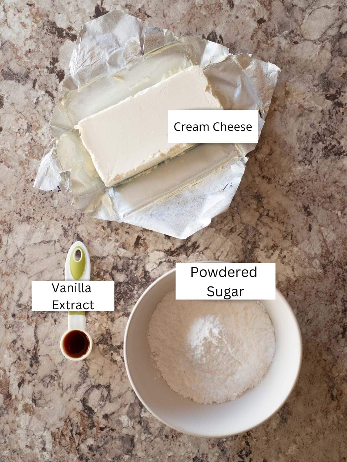 Ingredients for cream cheese frosting without butter.