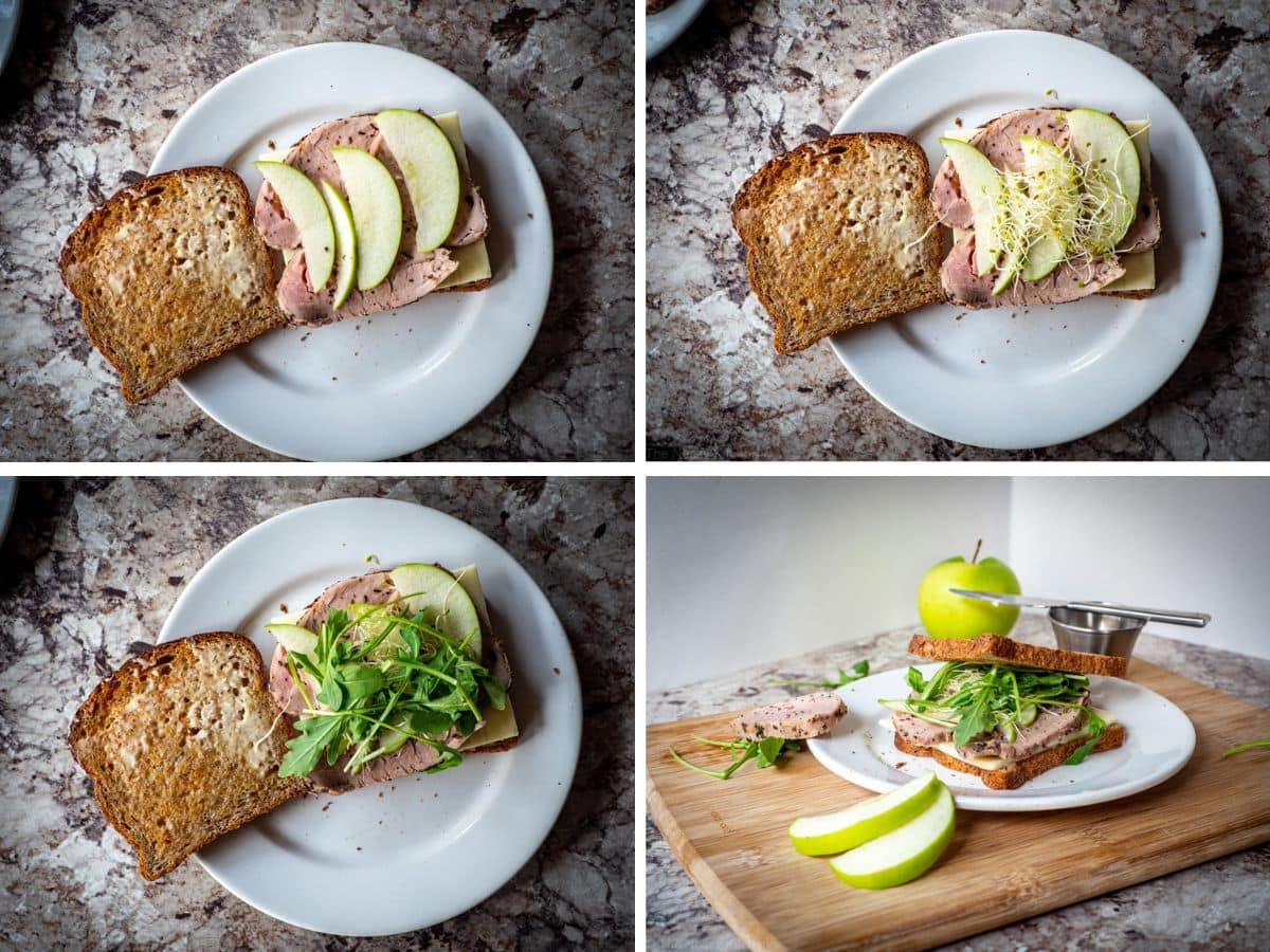 Collage showing a sandwich being assembled on a plate. First image shows adding apple, then alfalfa, then spinach and then the second slice of bread.