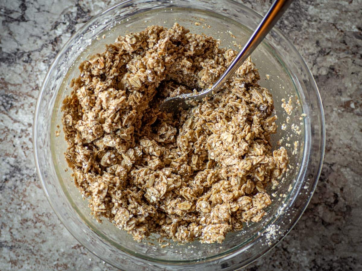 Oat flour crumble topping mixed together in a bowl.